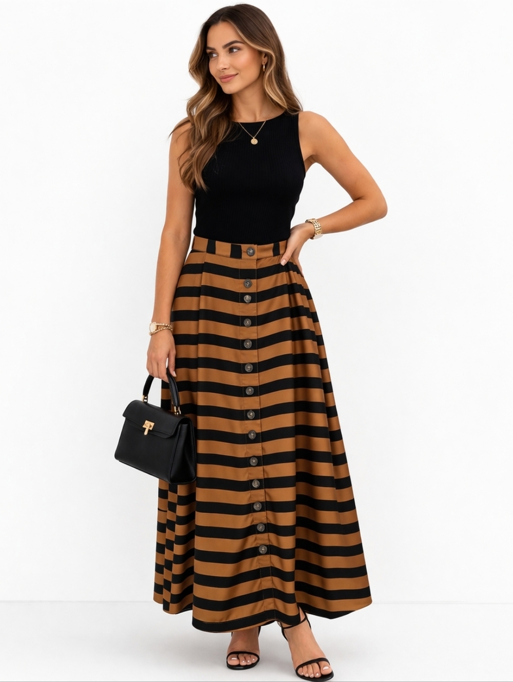 Who What Wear Striped Button Front A-Line Midi Skirt - Black & Burnt Orange